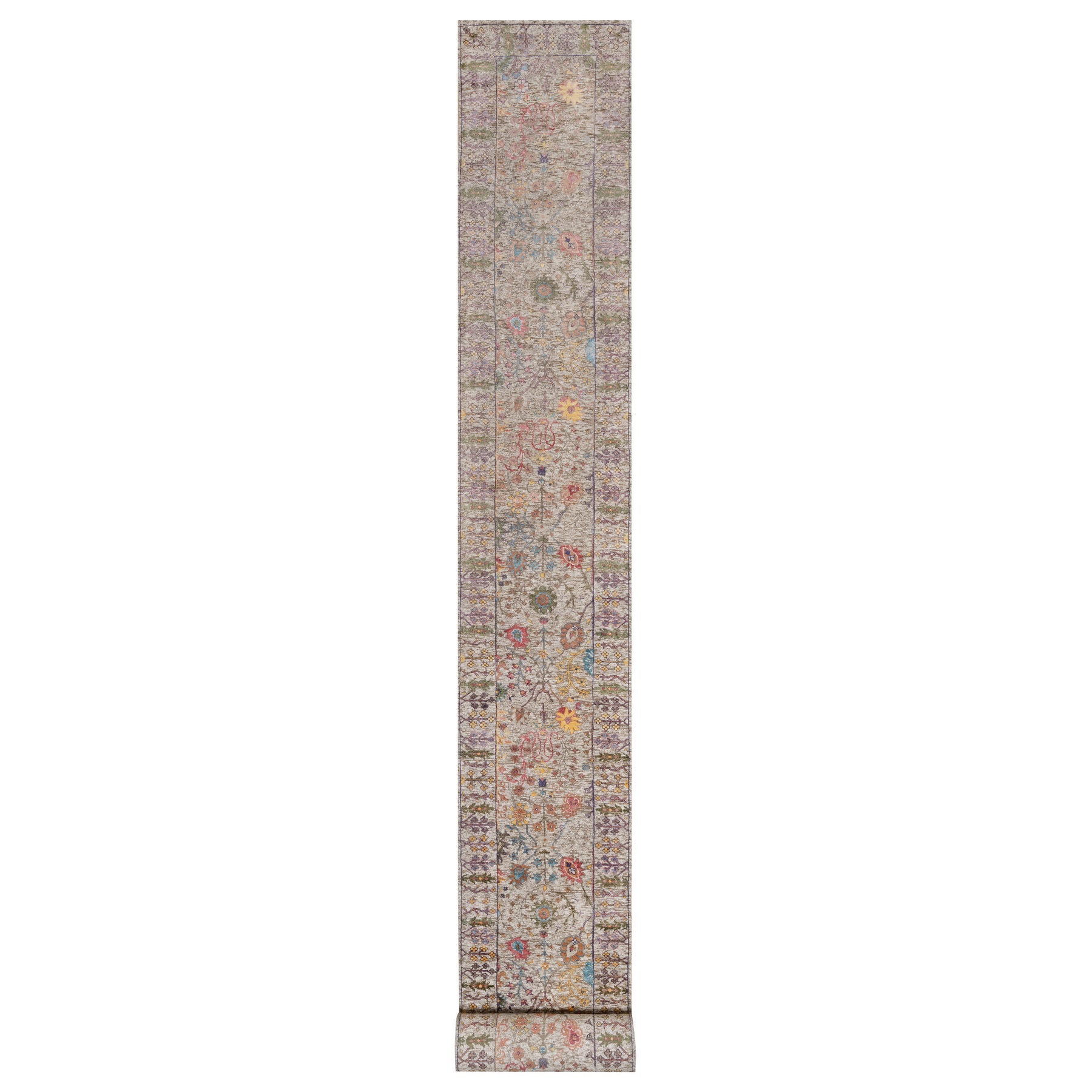 2'7"x27'3" Alabaster White with Brown, Directional Vase Design, Hand Knotted, Silk with Textured Wool, XL Runner, Oriental Rug 